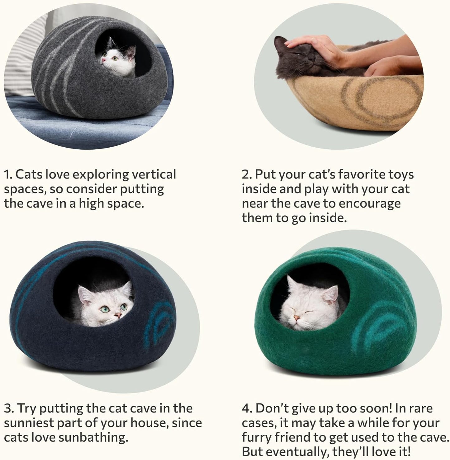 Cat Cave – Premium Felt Cat Bed for Indoor Cats, Handmade Merino Wool (Light Grey, Medium)