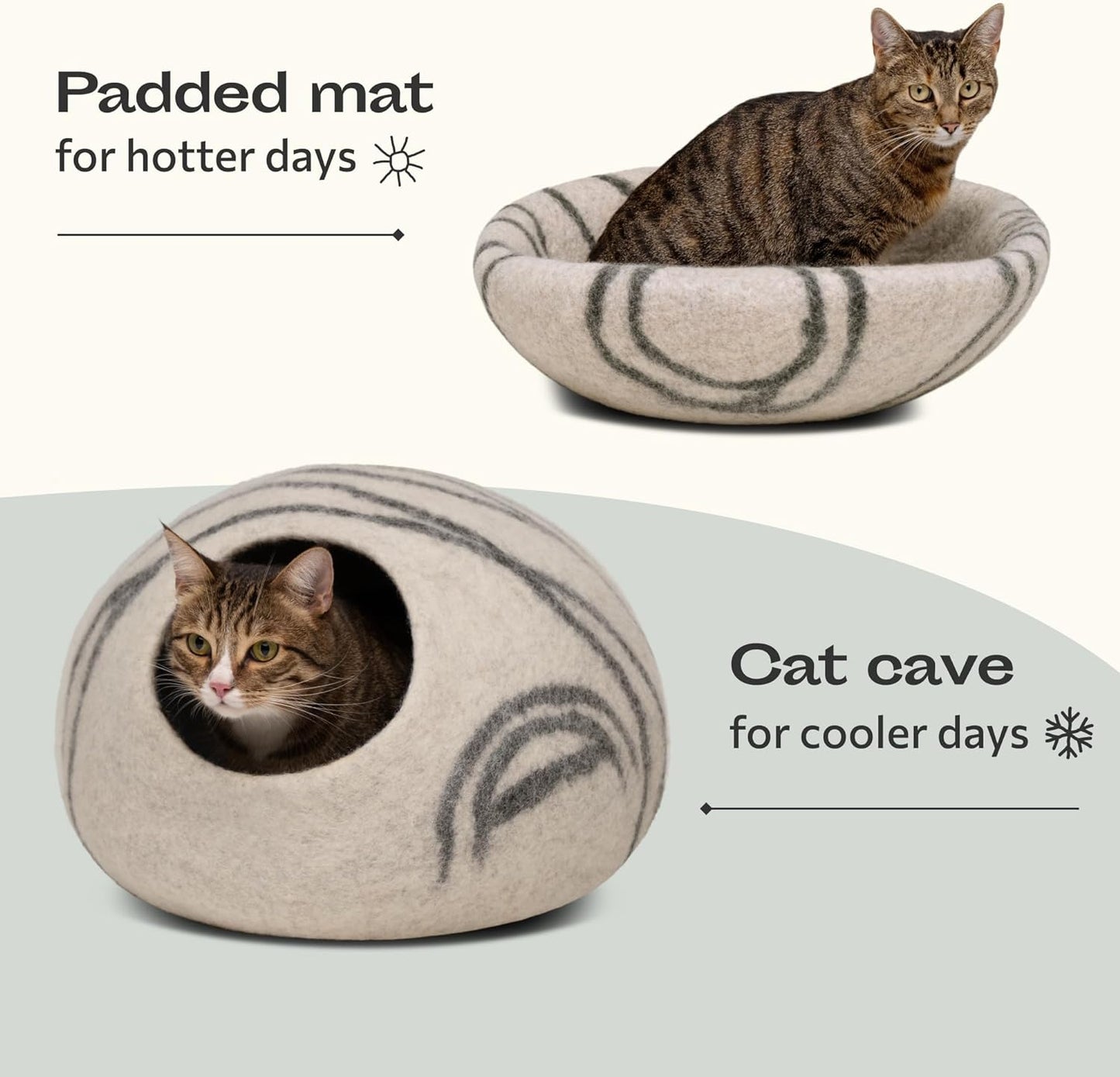 Cat Cave – Premium Felt Cat Bed for Indoor Cats, Handmade Merino Wool (Light Grey, Medium)