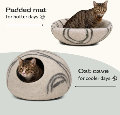Cat Cave – Premium Felt Cat Bed for Indoor Cats, Handmade Merino Wool (Light Grey, Medium)