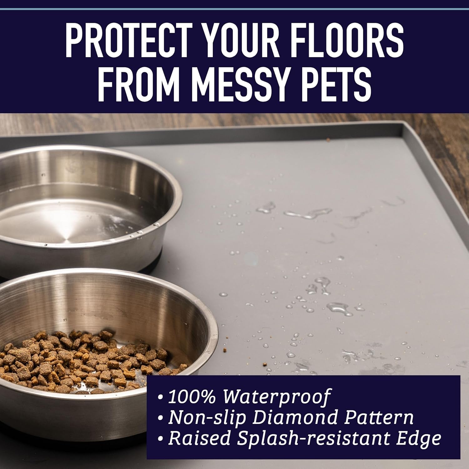 Raised-Edge Silicone Dog Food Mat - Waterproof Pet Mat for Dog Food & Water Bowls - Non-Slip Pet Placemat - Dishwasher-Safe Silicone Tray - 25 X 17 In, Gray