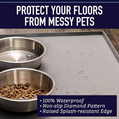Raised-Edge Silicone Dog Food Mat - Waterproof Pet Mat for Dog Food & Water Bowls - Non-Slip Pet Placemat - Dishwasher-Safe Silicone Tray - 25 X 17 In, Gray