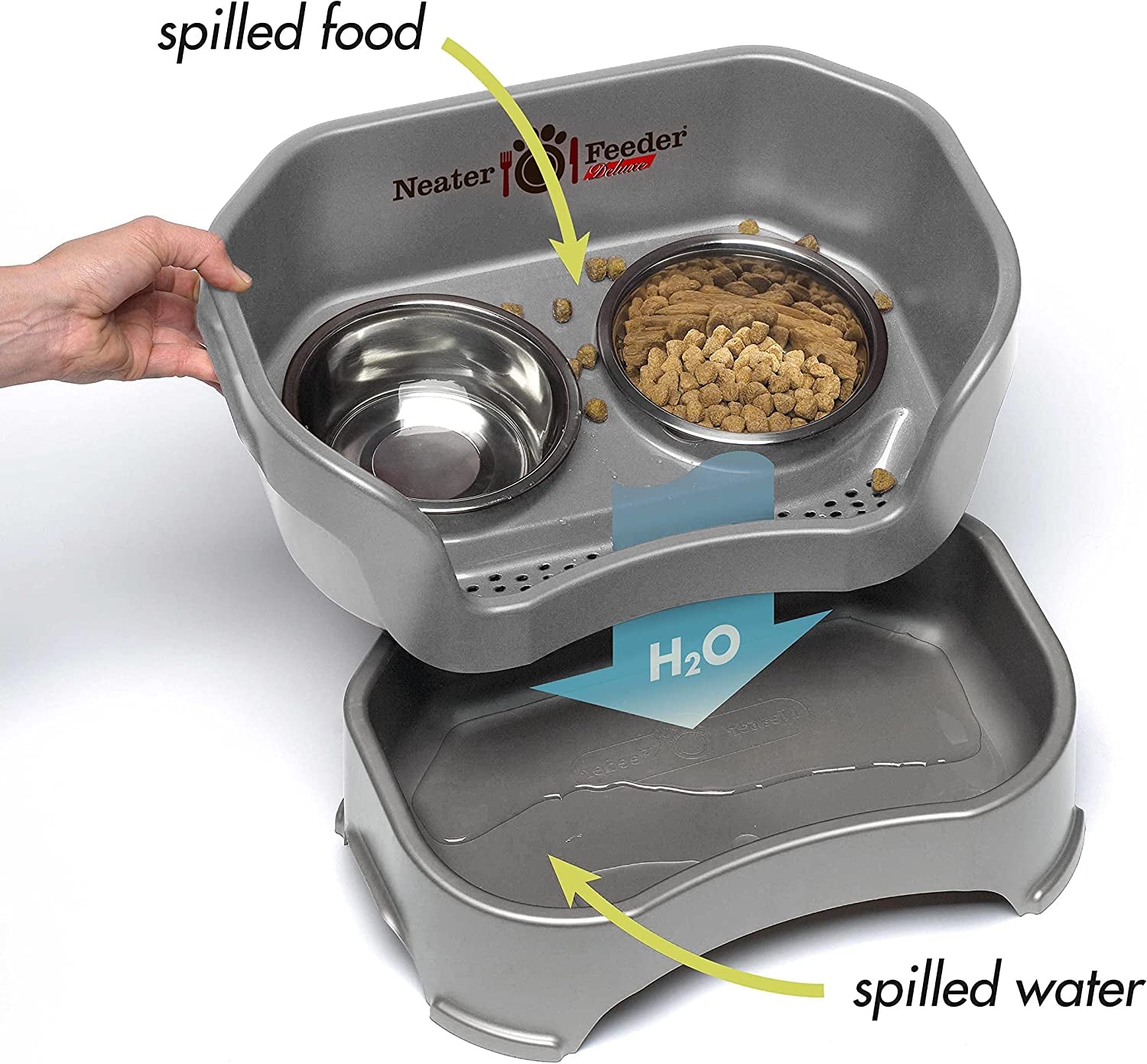 Neater Feeder Deluxe Mess Proof Dog Bowls Elevated for Medium Dogs 19-40 Lbs, Made in USA, No Spill Raised Dog Food Bowl Stand Feeding Station, Food and Water Bowl Set, Grey