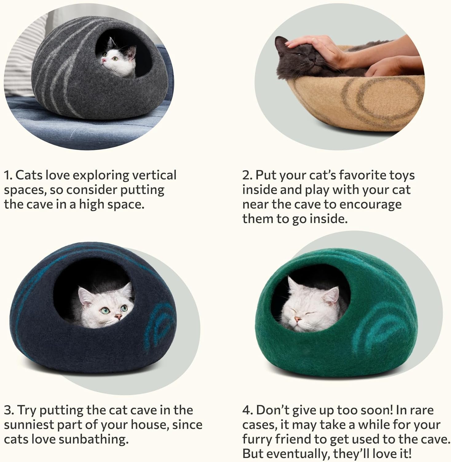 Cat Cave – Premium Felt Cat Bed for Indoor Cats, Handmade Merino Wool (Light Grey, Medium)