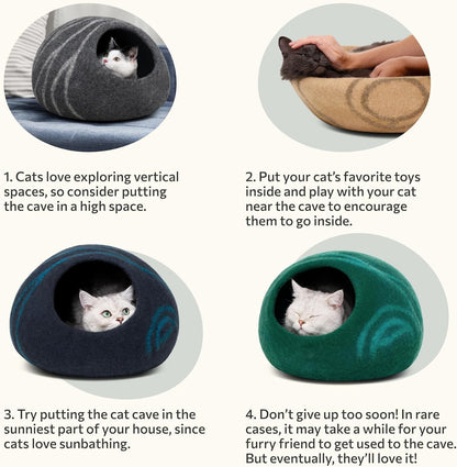 Cat Cave – Premium Felt Cat Bed for Indoor Cats, Handmade Merino Wool (Light Grey, Medium)